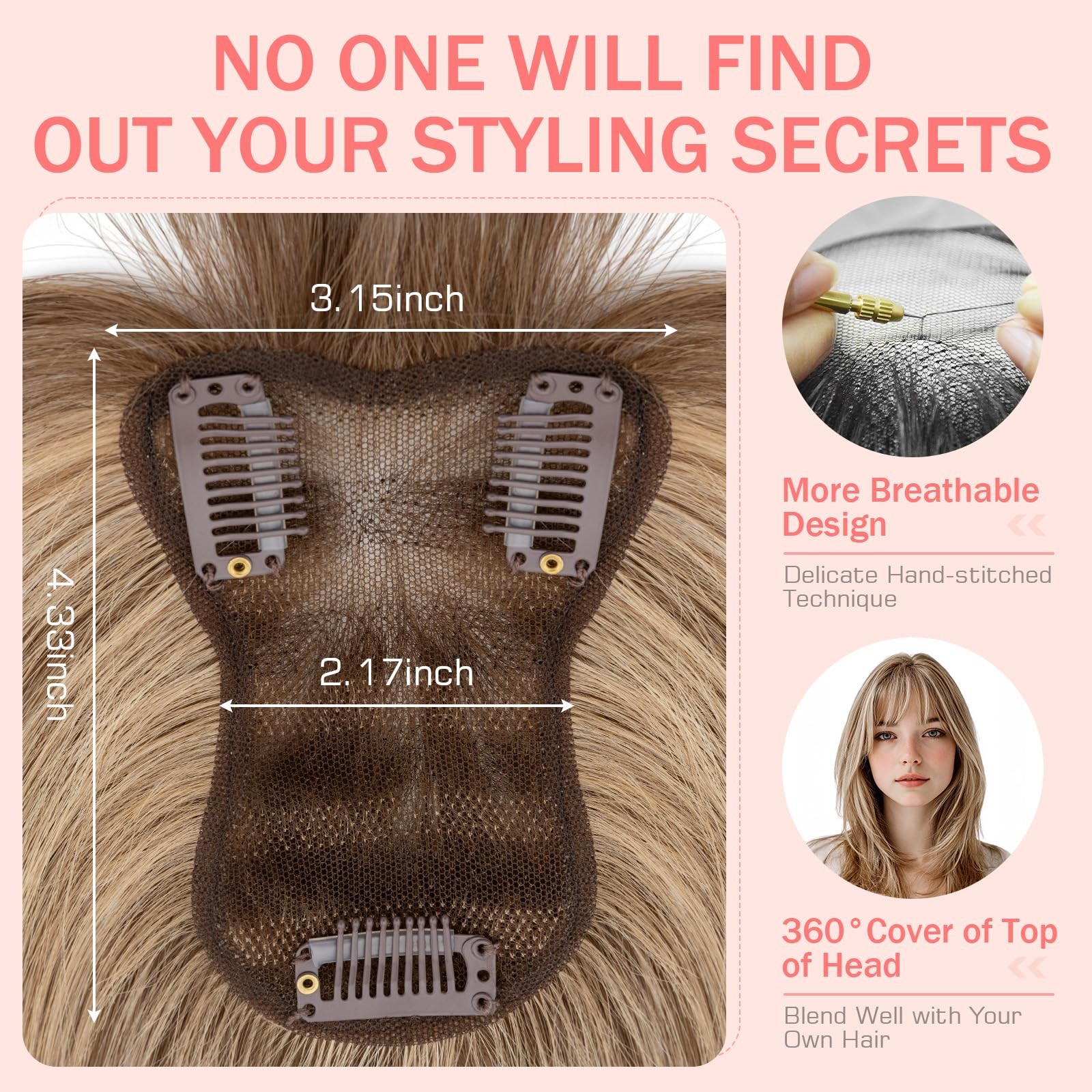 Hairro Human Hair Toppers Bangs 360 3D Coverage Clip In 3.15X4.33 Breathable