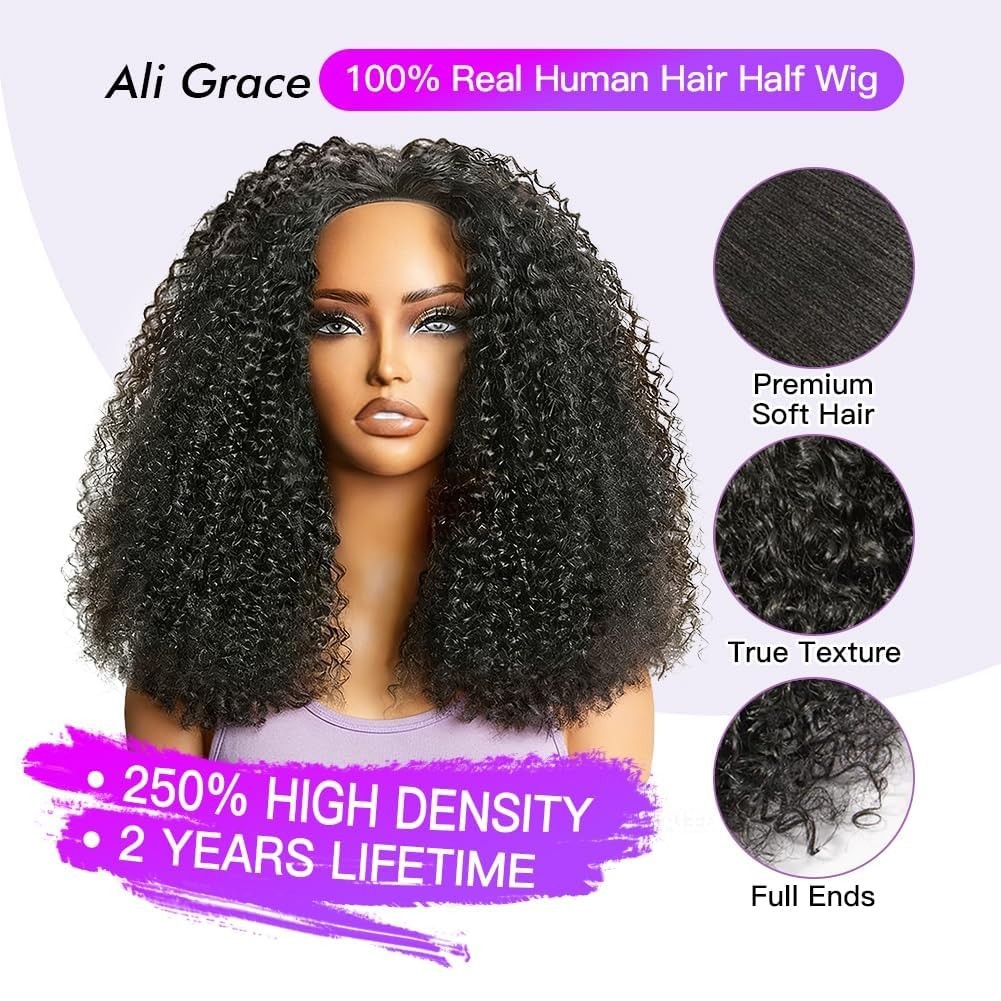 24″ 250% Density Kinky Curly Half Wig – Human Hair, 3-in-1 Drawstring, Glueless,