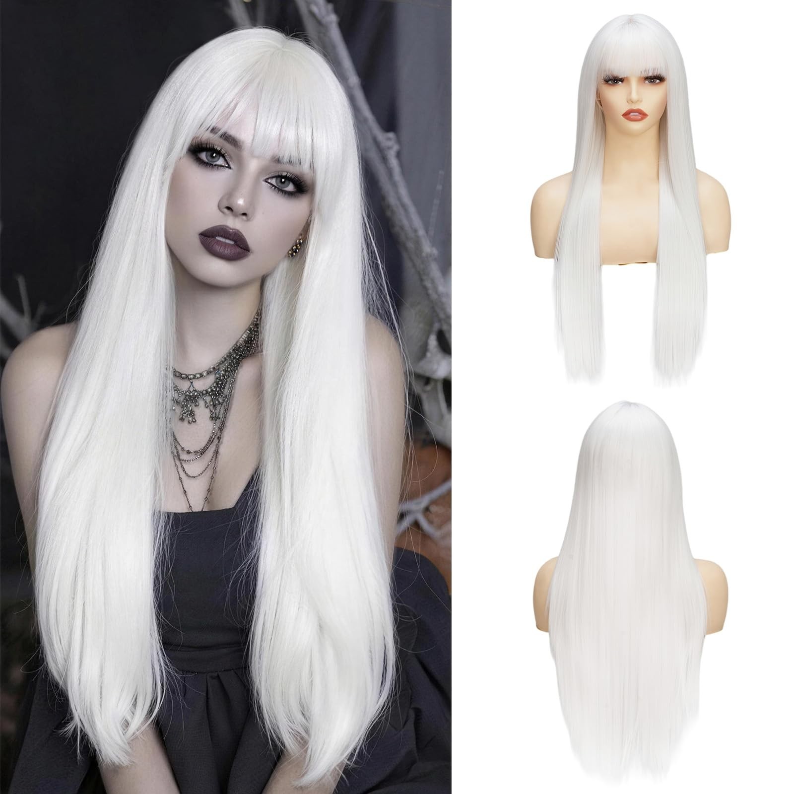 White Long Straight Wig for Women with Bangs Synthetic Hair Natural Looking H…