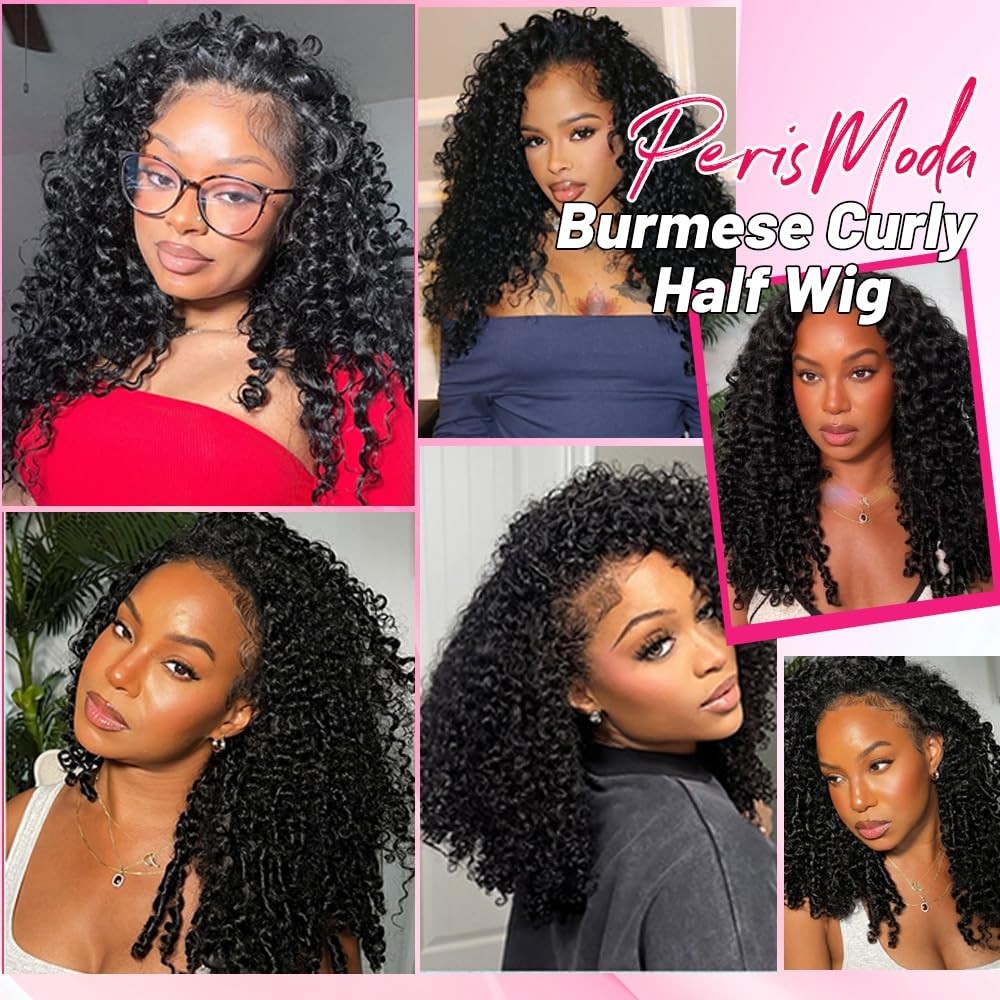 Curly Half Wig Human Hair 20″ Glueless Kinky Curly 200% Density Clip-In Drawstri