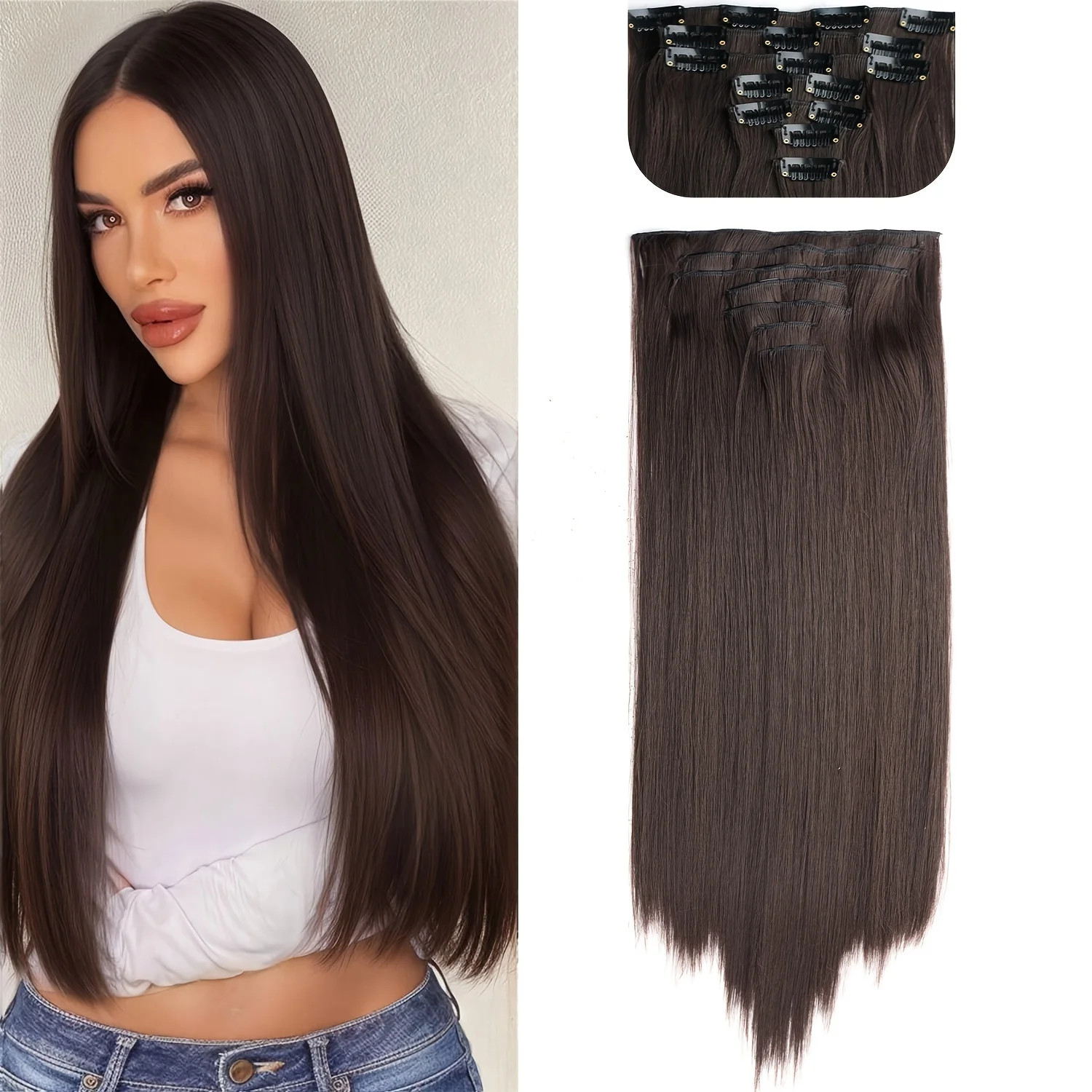 Long Straight 16 Clips 7Pcs Hair Extensions Heat Resistant Blonde Black