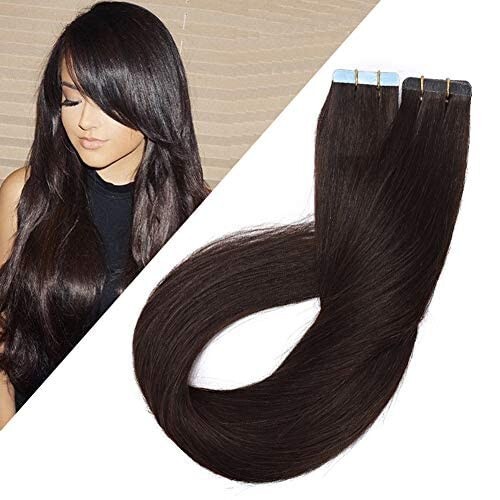 Tape in Real Human Hair Extensions Dark Brown #2 Seamless Straight Skin Weft 14″