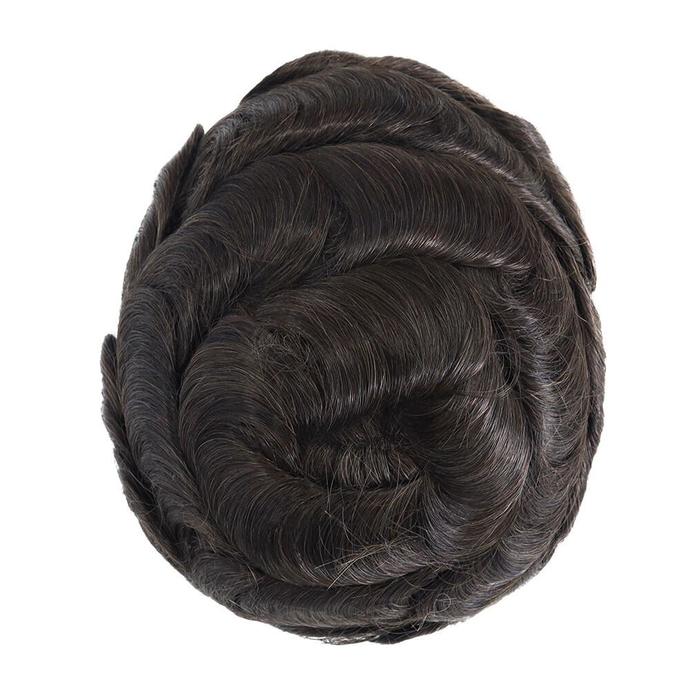 Mens Human Hair Replacement System Hairpiece Fine Mono Poly Skin Toupee BROWN