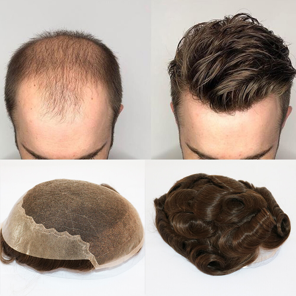 French Lace Front Mens Toupee Natural Hairline Human Hair System For Men Poly Sk