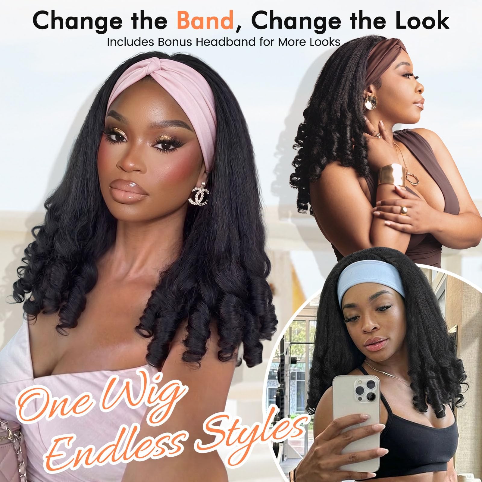 Yaki Curly Headband Wig for Black Women 16 Inch – Full Volume Glueless Wear a…