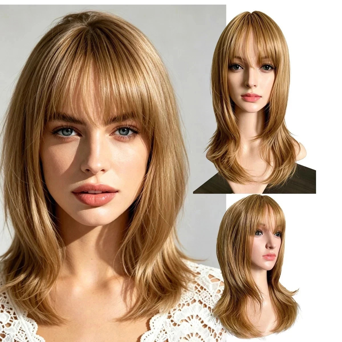 Brown Layered Long Straight Synthetic Wigs Auburn Wigs with Bangs Daily Cosplay