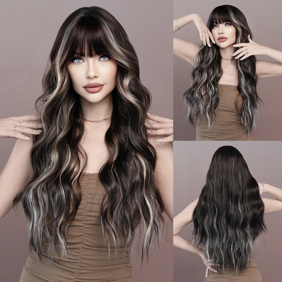Highlighted Skunk Stripe Long Curly Wig Christmas Synthetic Hair Wig For Women
