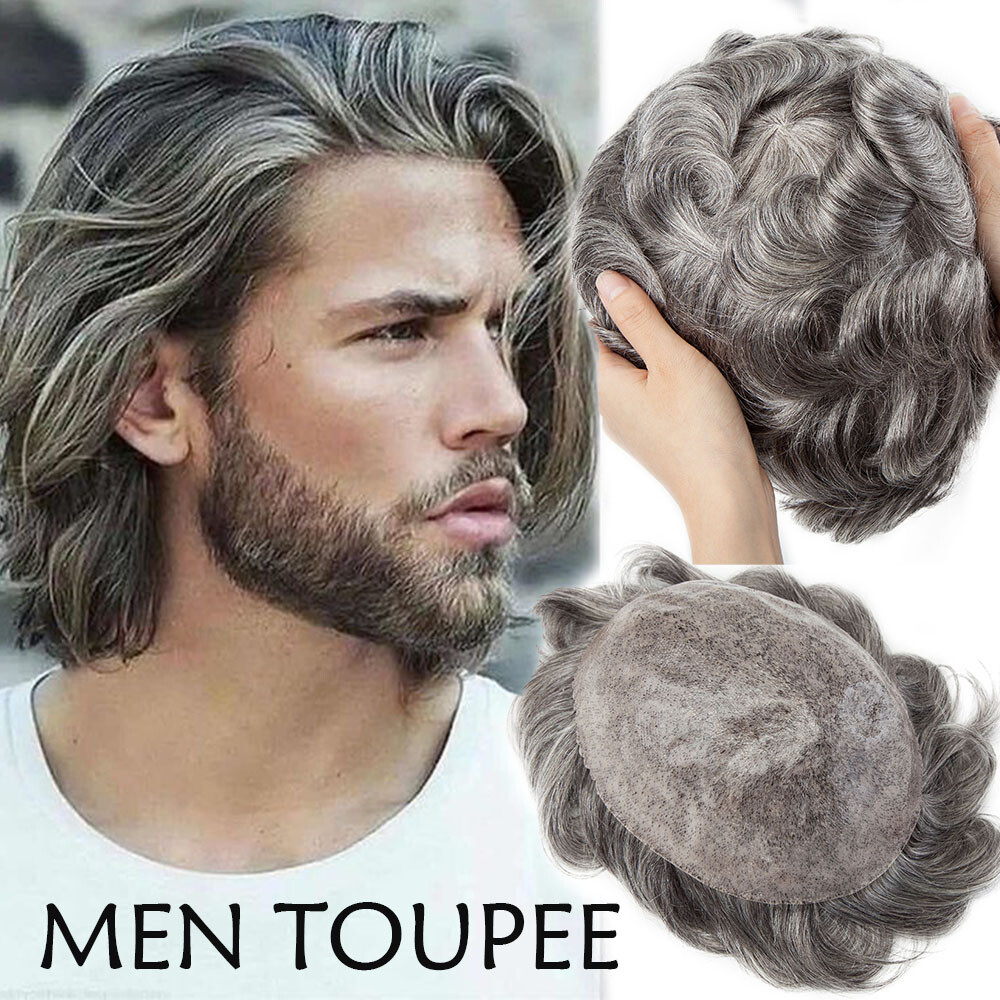 Ultra Thin Skin Super Mens Toupee Human Hair Replacement #Grey Hairpiece PU Wigs