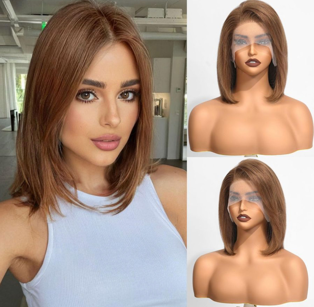 Testar 13×4 Short Brown Bob Wig Human Hair Realistic HD Lace Front Wig Hair