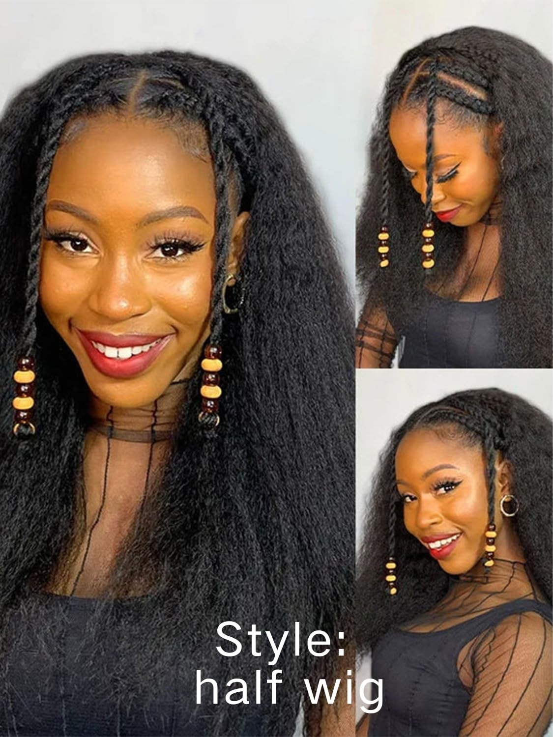 Natural Black Kinky Straight Half Wig – 24″ 3-in-1 Style, No Lace, Easy to Use