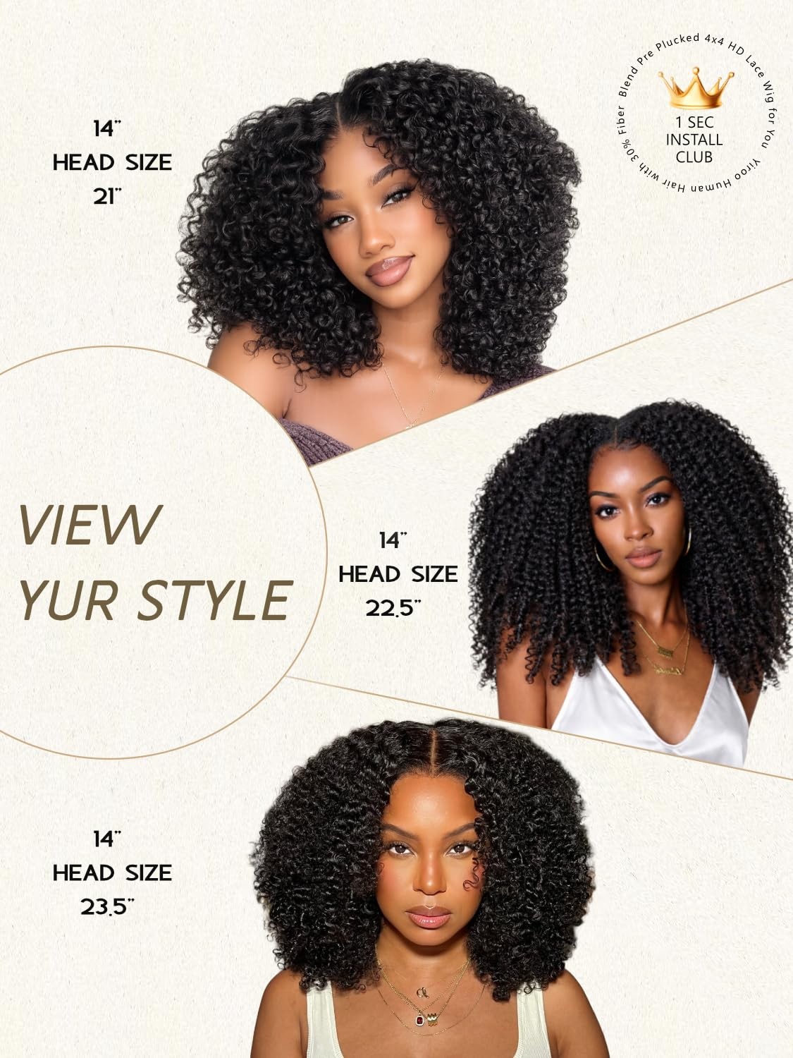 Yiroo Kinky Deep Curly Human Hair Wear And Go Glueless Bob Wig Fiber Blend Pre