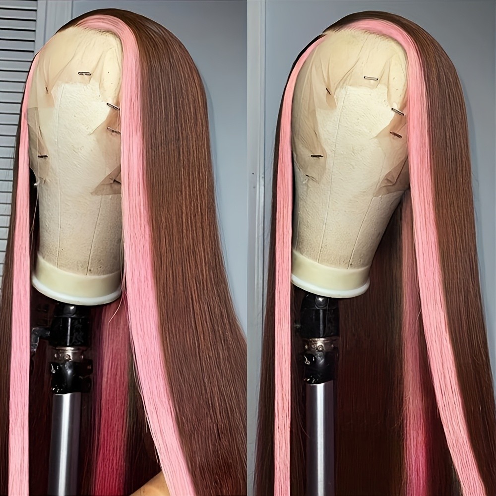Pink Skunk Stripe Wig Chocolate Brown Mixed Color Long Straight Lace Front Wigs