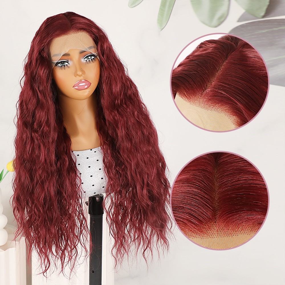 Long Water Wave Wig Synthetic Lace Front Wigs Burgundy Hair Pre Plucked Hairline