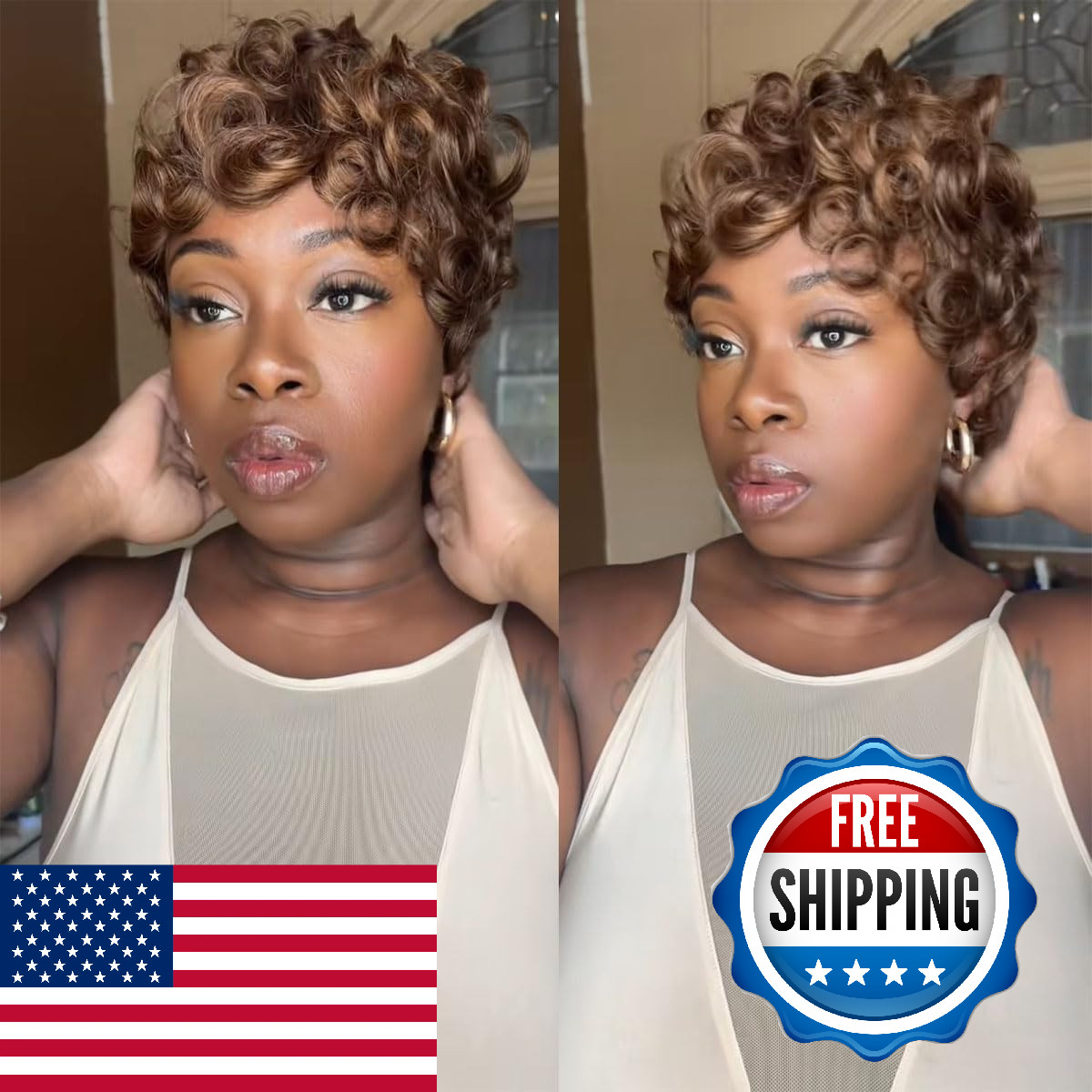 Showreal Brown Short Wigs Pixie Cut Curly Wigs For Black Women Pixie Cut Human