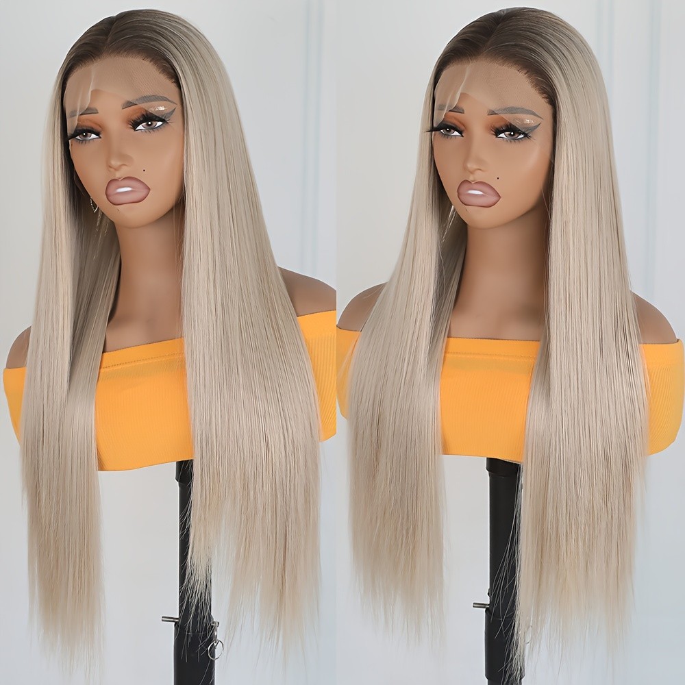 Ombre Brown Blonde Synthetic Lace Front Wigs Glueless Long Silky Straight Hair
