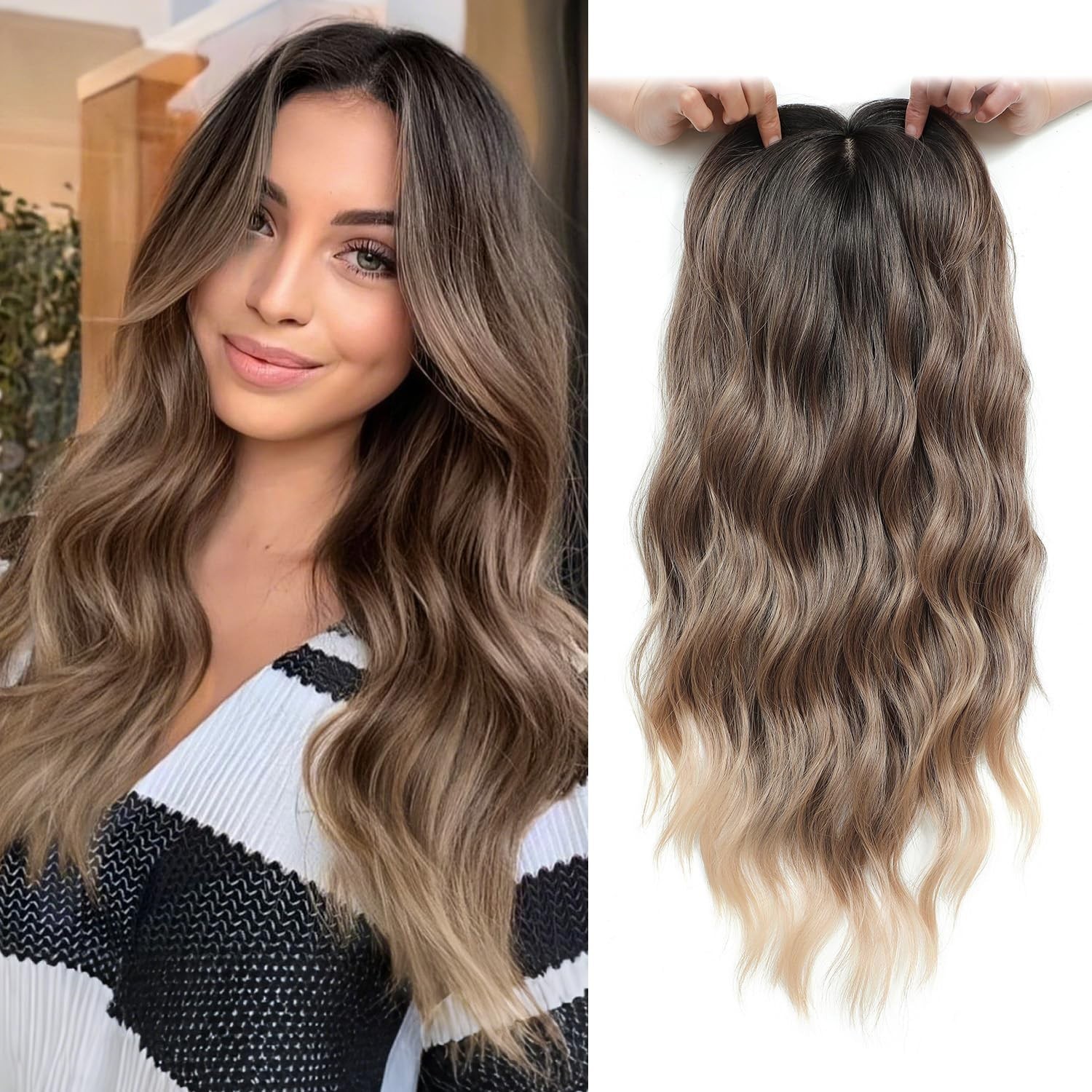 Ombre Brown Dark Roots w/ Bangs Long Wavy 20in Women Premium Hair Topper