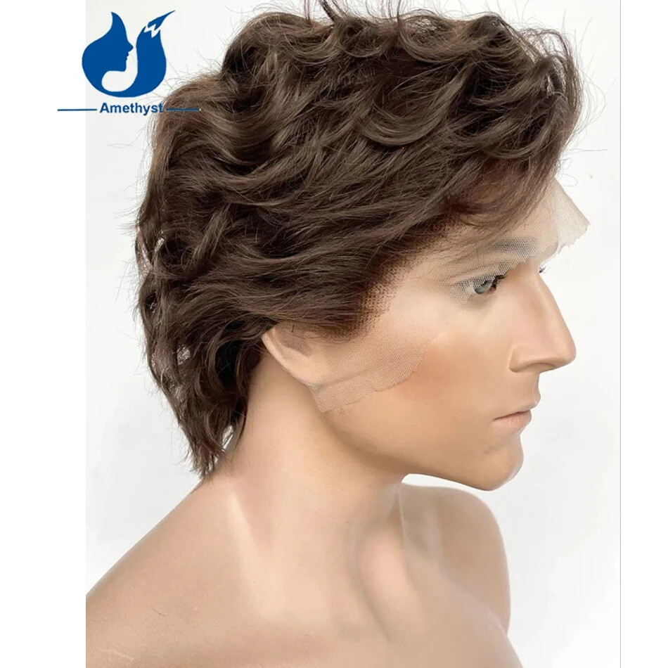 Dark Brown Wavy Men’s Wig Human Hair Short Bob Pixie Cut 13×6 Lace Front Wig