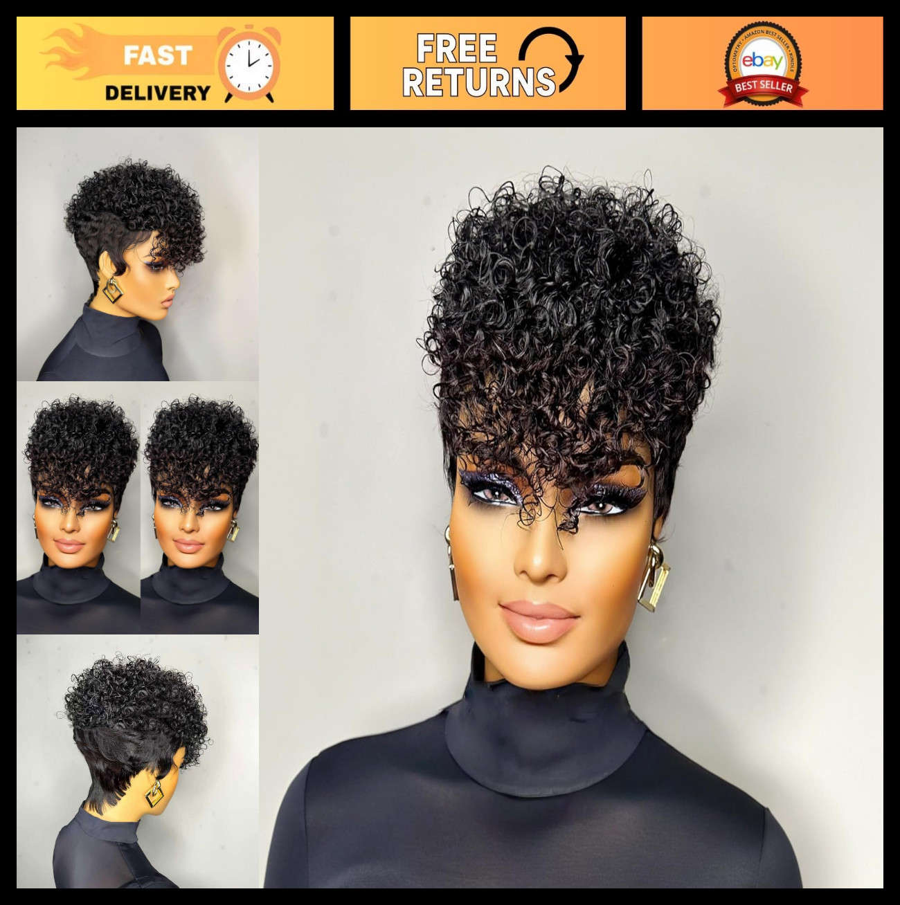 Short Layered Pixie Cut Wig for Black Women – Curly Human Hair with Bangs, Gluel