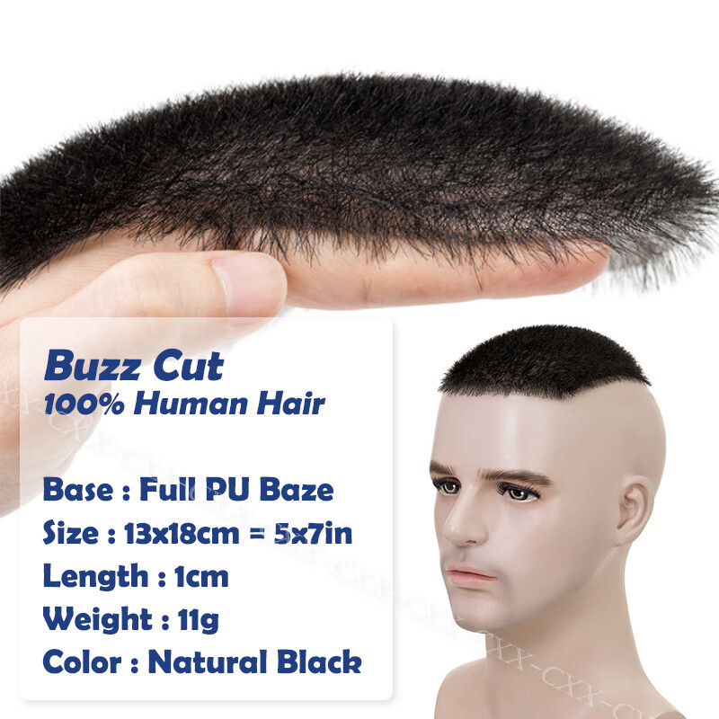 Mens Toupee Hairpiece 100% Human Hair System Replacement Skin PU Short Buzz Cut