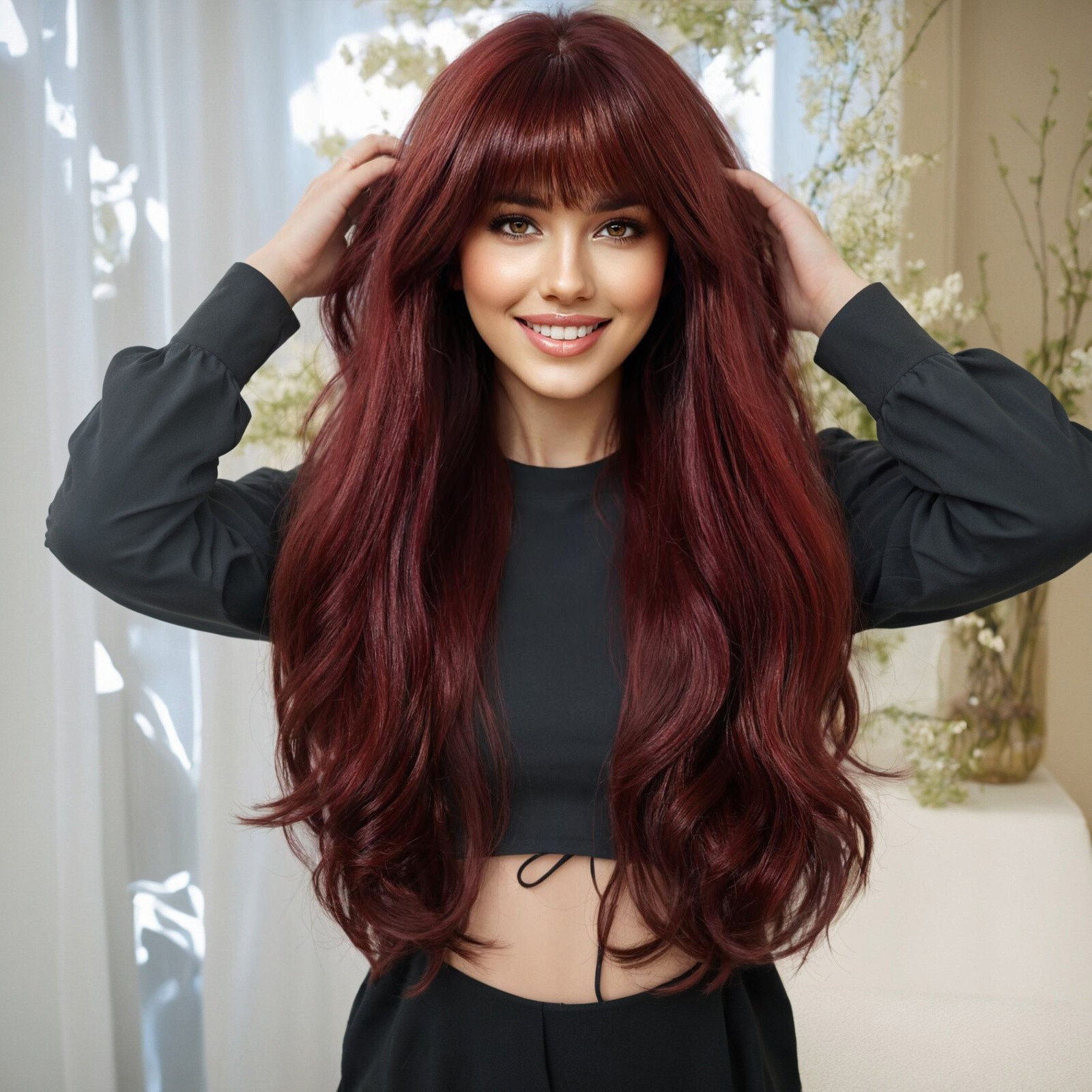 28 Inch Burgundy Wig with Bangs Women’s Long Wavy Wig Holiday Accessories