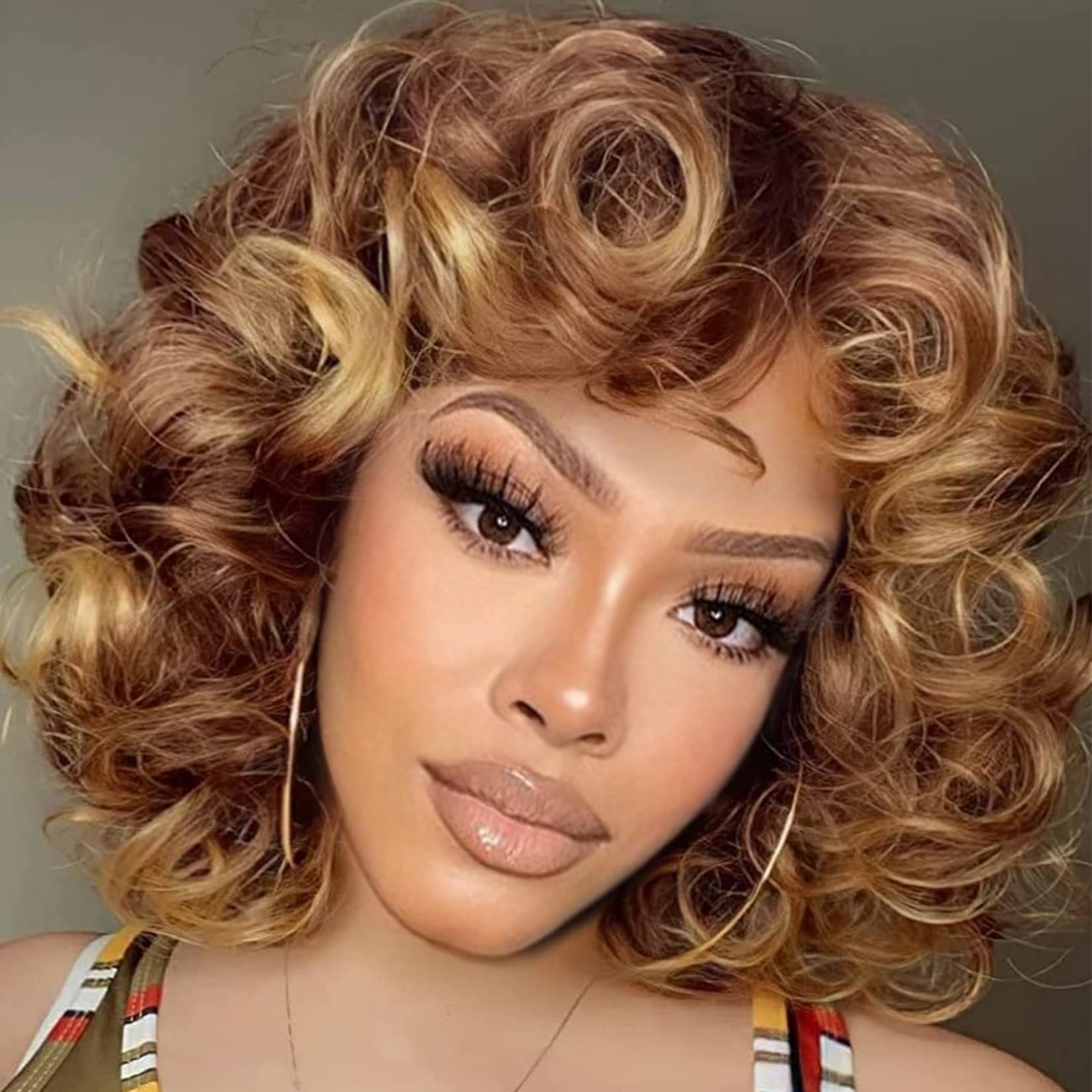 Short Curly Wigs for Black Women Soft Brown Blonde Big Curly Wig with Bangs A…