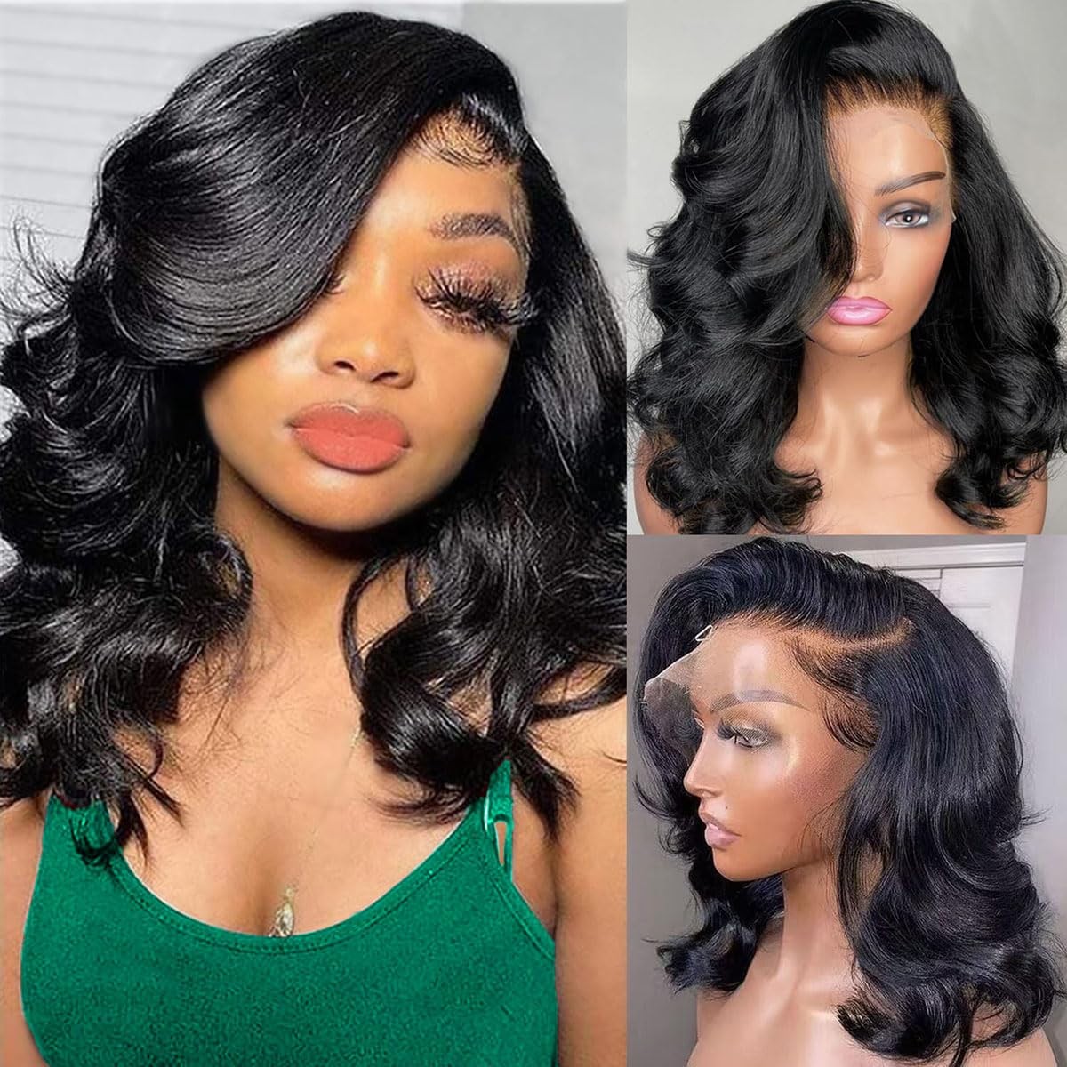 14″ Brazilian Bob Wigs Human Hair Natural Black Wave Lace Front Glueless Wigs