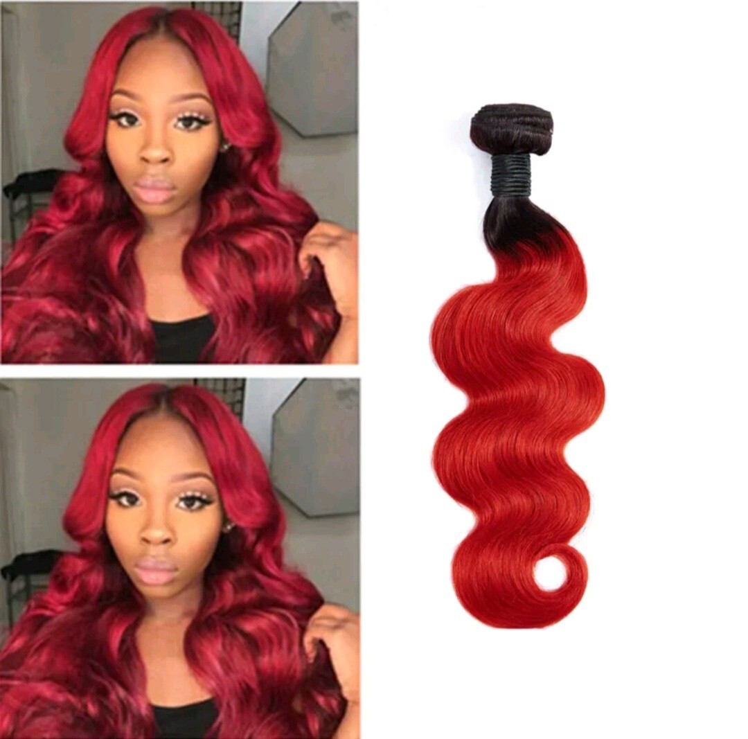 12A BRAZILIAN HUMAN HAIR WEFT 3/4BUNDLES+LACE TOP CLOSURE 1B/RED DARK ROOT OMBRE