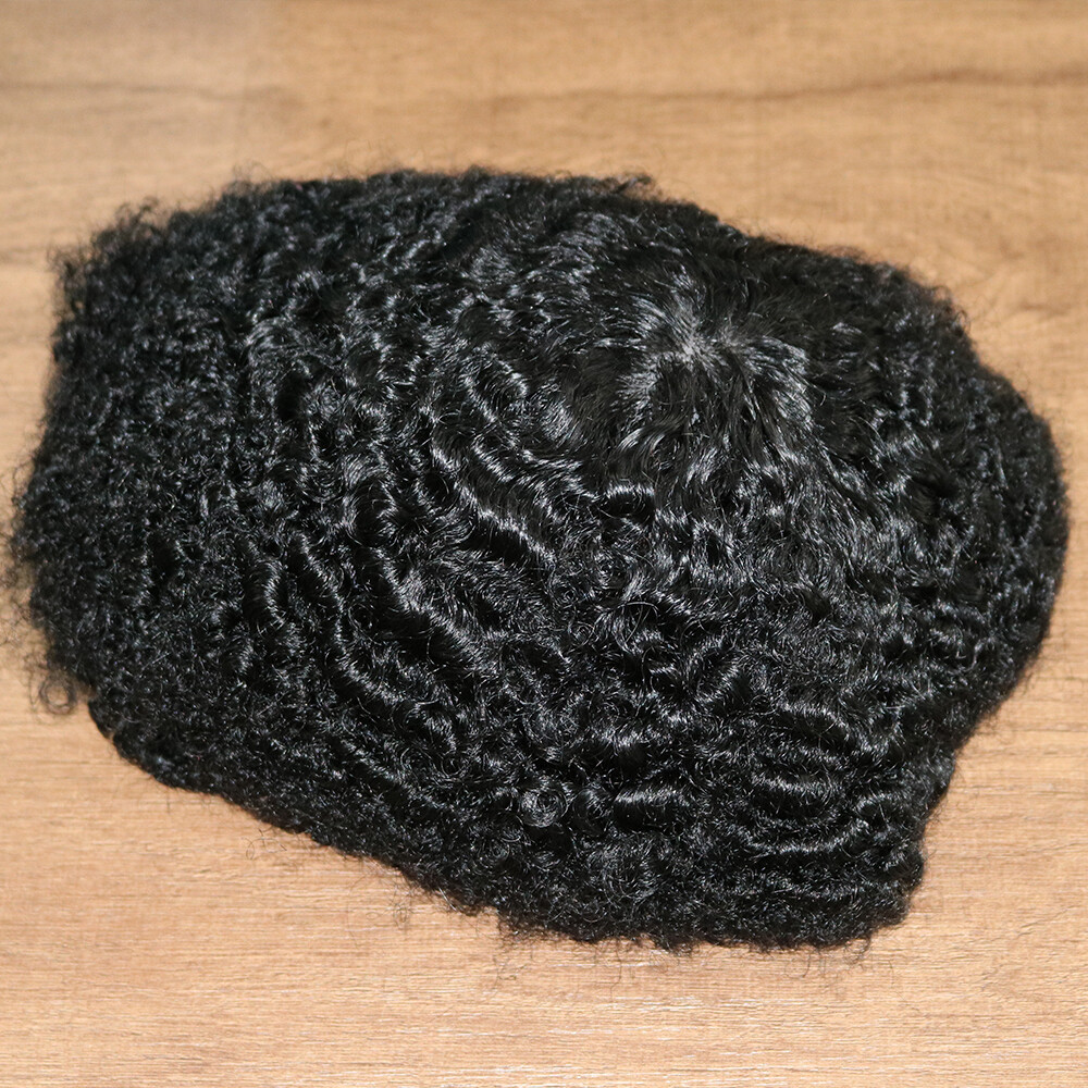 10MM 360 Wave Man Toupee Hair Unit African Black Mens Curly Replacement System