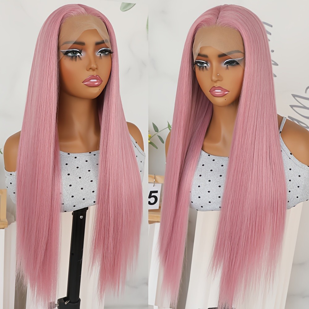 Pink Lace Front Wig Long Silky Straight Hair Glueless HD Lace Replacement Wigs