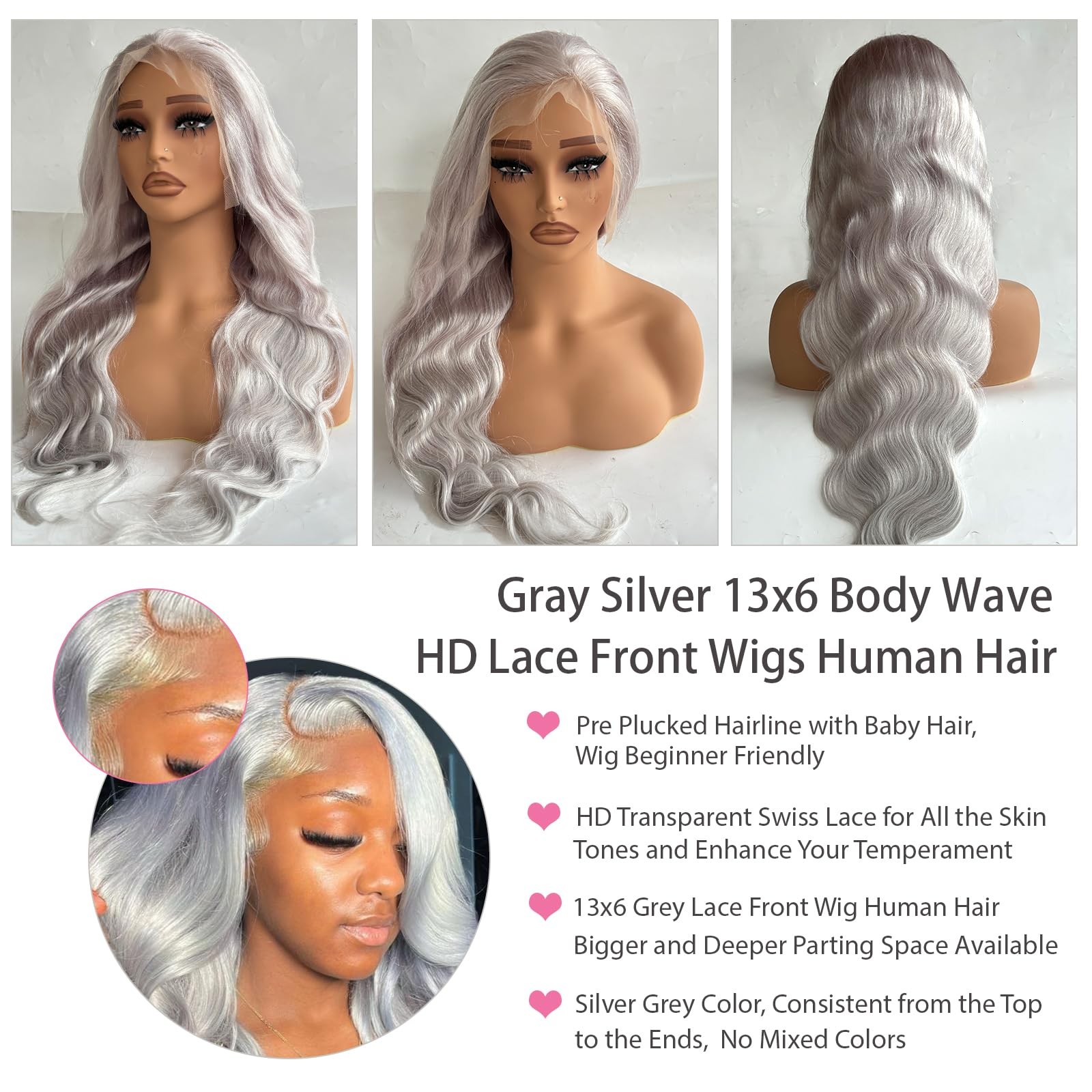 Licoville Upgraded Real 180 Density Grey Human Hair Wig 13X6 Body Wave Grey