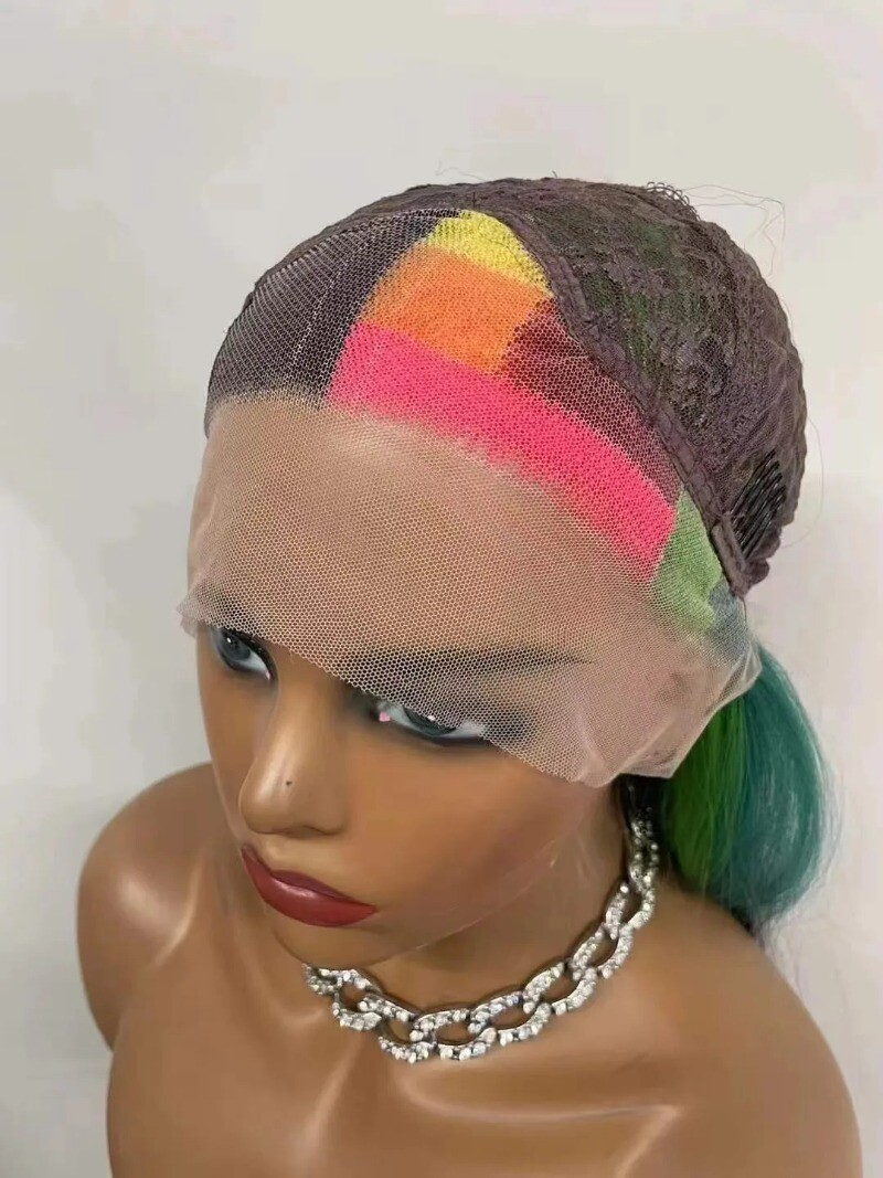 Half and Half Rainbow Black Synthetic wig Lace Front Long Straight Hair Heat OK