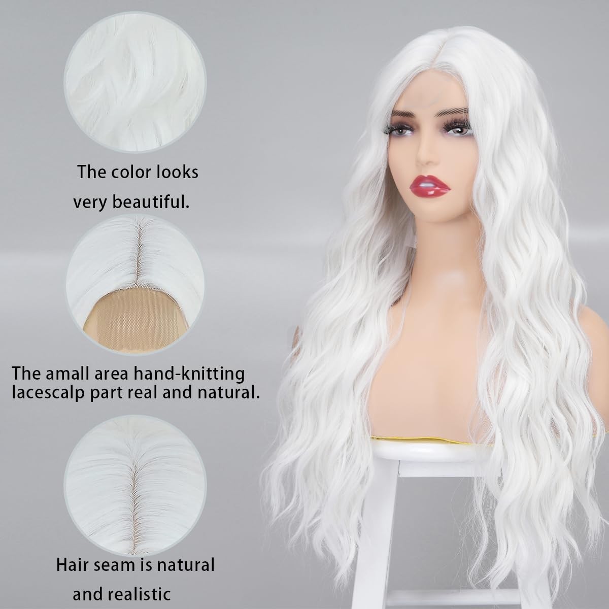 Long White Wig for Women – 26 Inch Wavy Heat Resistant Synthetic Hair for Hal…