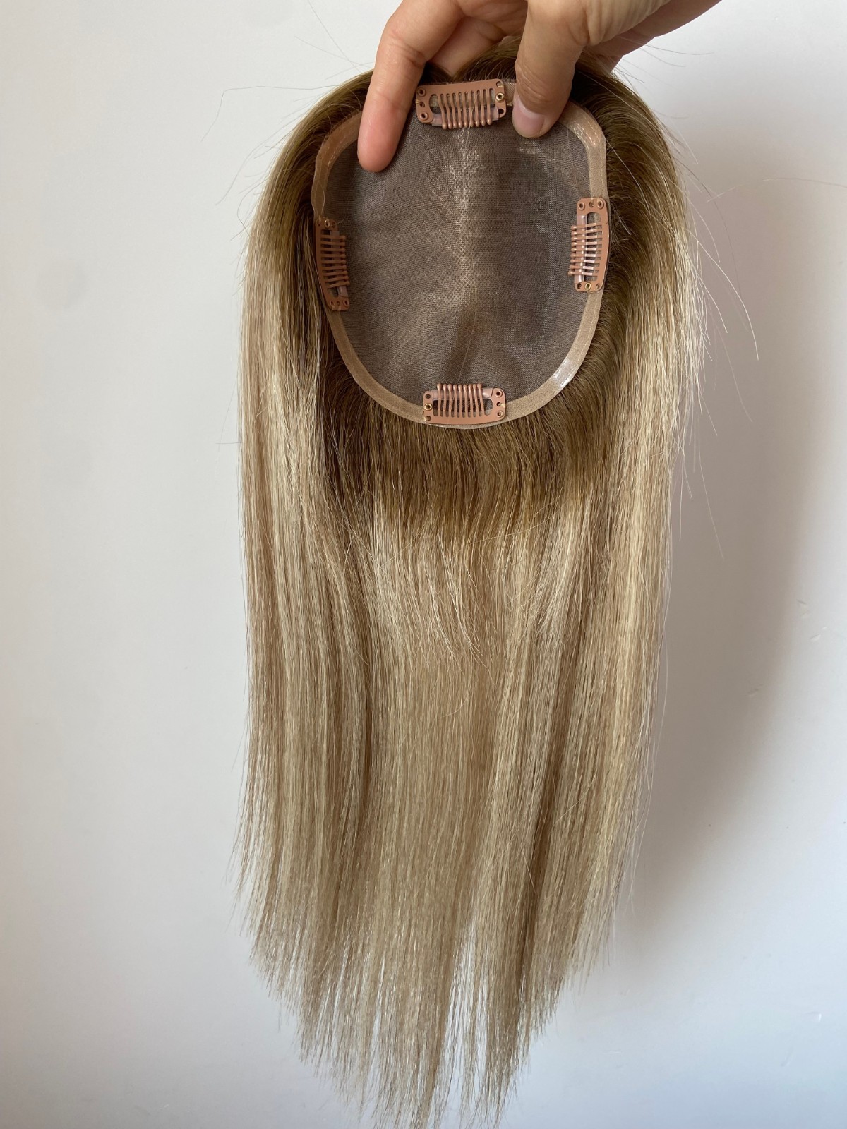 100% HUMAN RUSSIAN HAIR 5″x5″TOPPER DARK BLONDE OMBRE HAIRPIECE HIGHLIGHTS