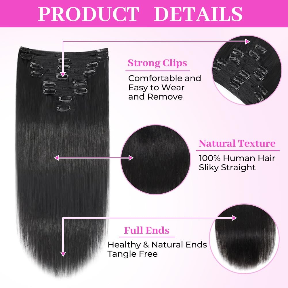 Qaore Hair Extensions Real Human Hair 24 Inch 120G 8Pcs Clip In Hair Extensions