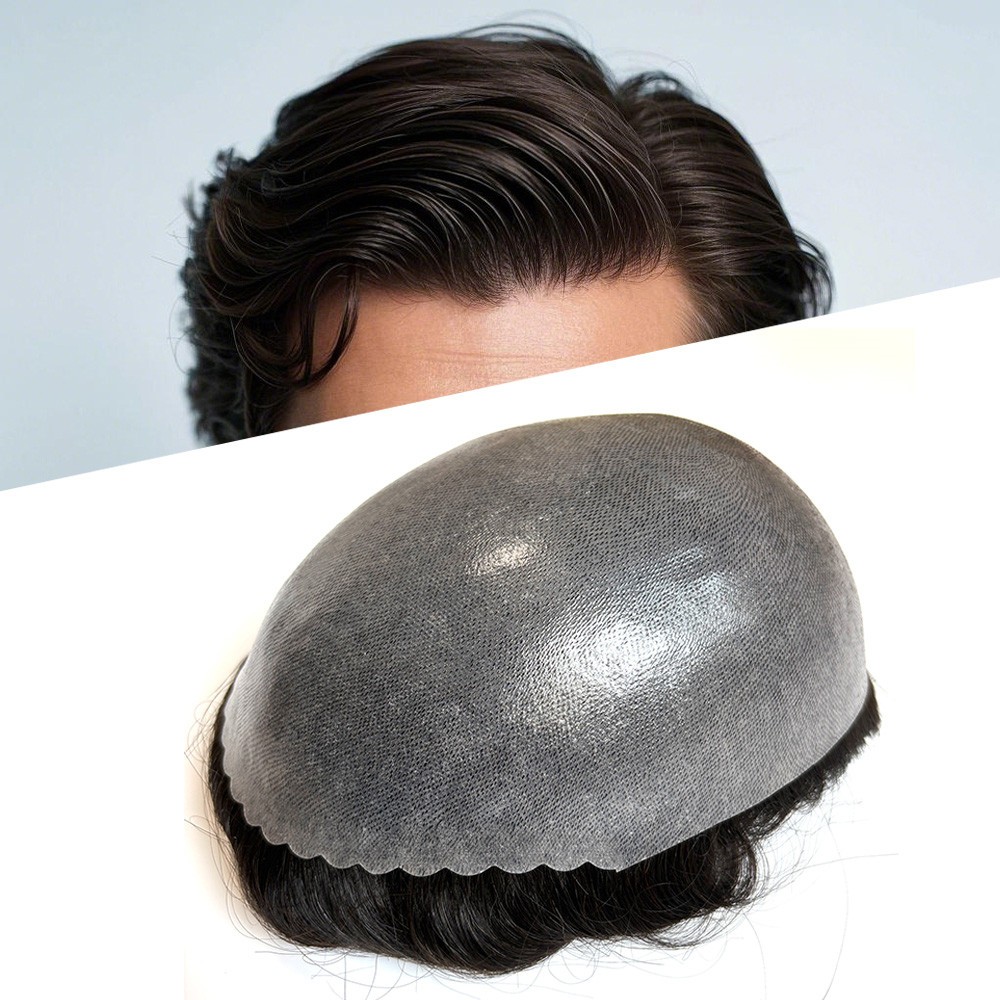 Mens Toupee Hair Replacement Hairpiece Fine Mono Poly Gauze Hair System Black 1B