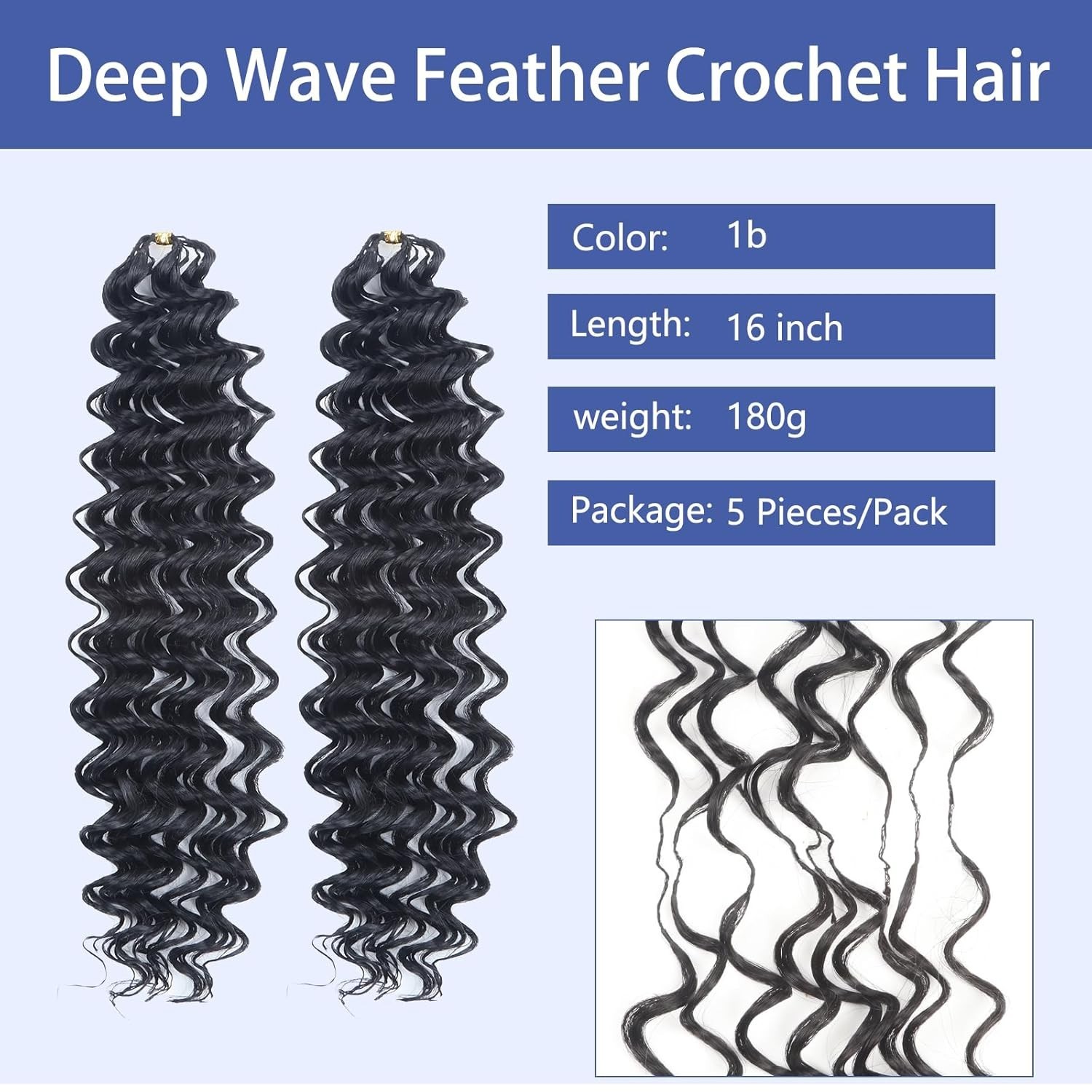 16 Inch Deep Wave Crochet Hair – 180g Pre-Looped Feather Tip for Natural Style