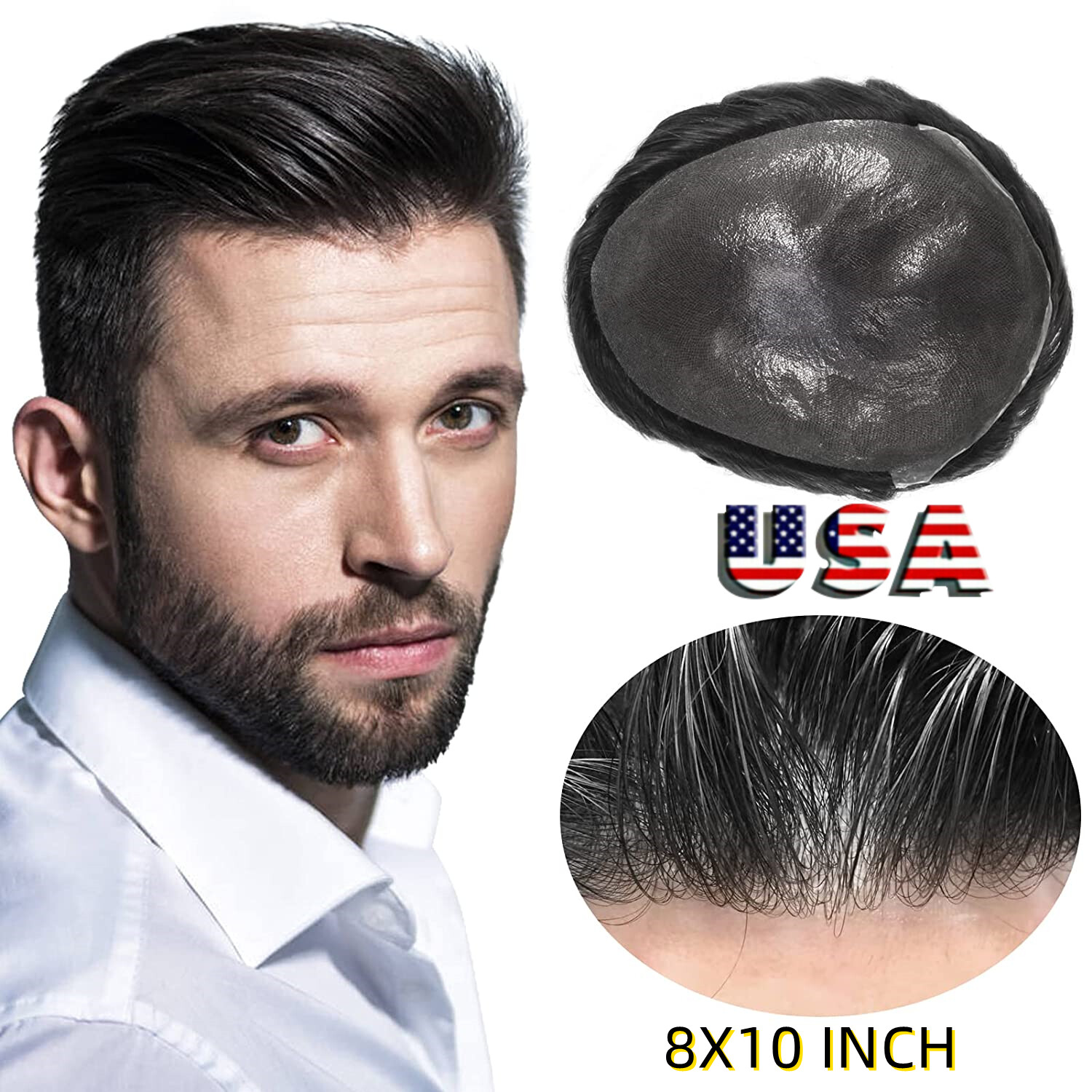 Full Poly Thin Skin Mens Toupee PU Human Hair System Replacement Wig for Men