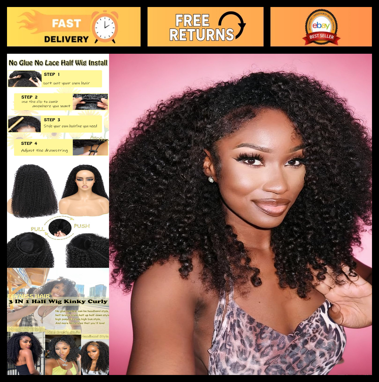 22″ Kinky Curly Half Wig Human Hair – 3 in 1 Flip Over, Glueless, 220 Density, B