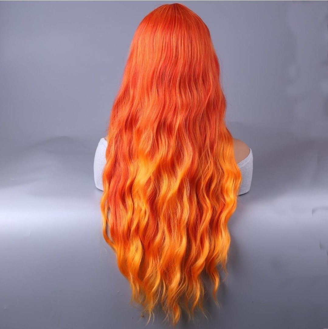 Long Wavy Wig Orange Ginger Yellow Balayage Wig Bangs Halloween long 28 Inch