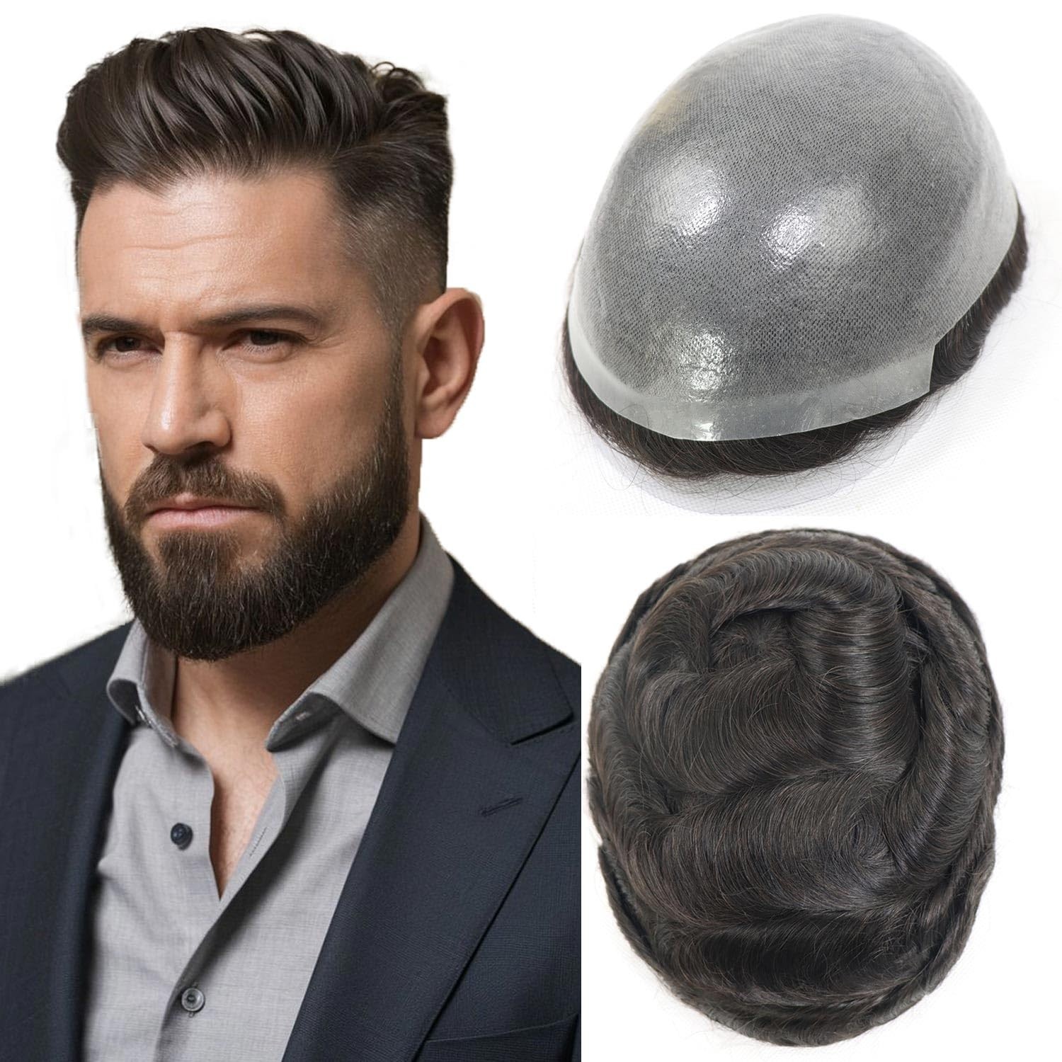 Men’s Hair Replacement System – Thin Skin PU Toupee, 10x8in, Virgin Human Hair,