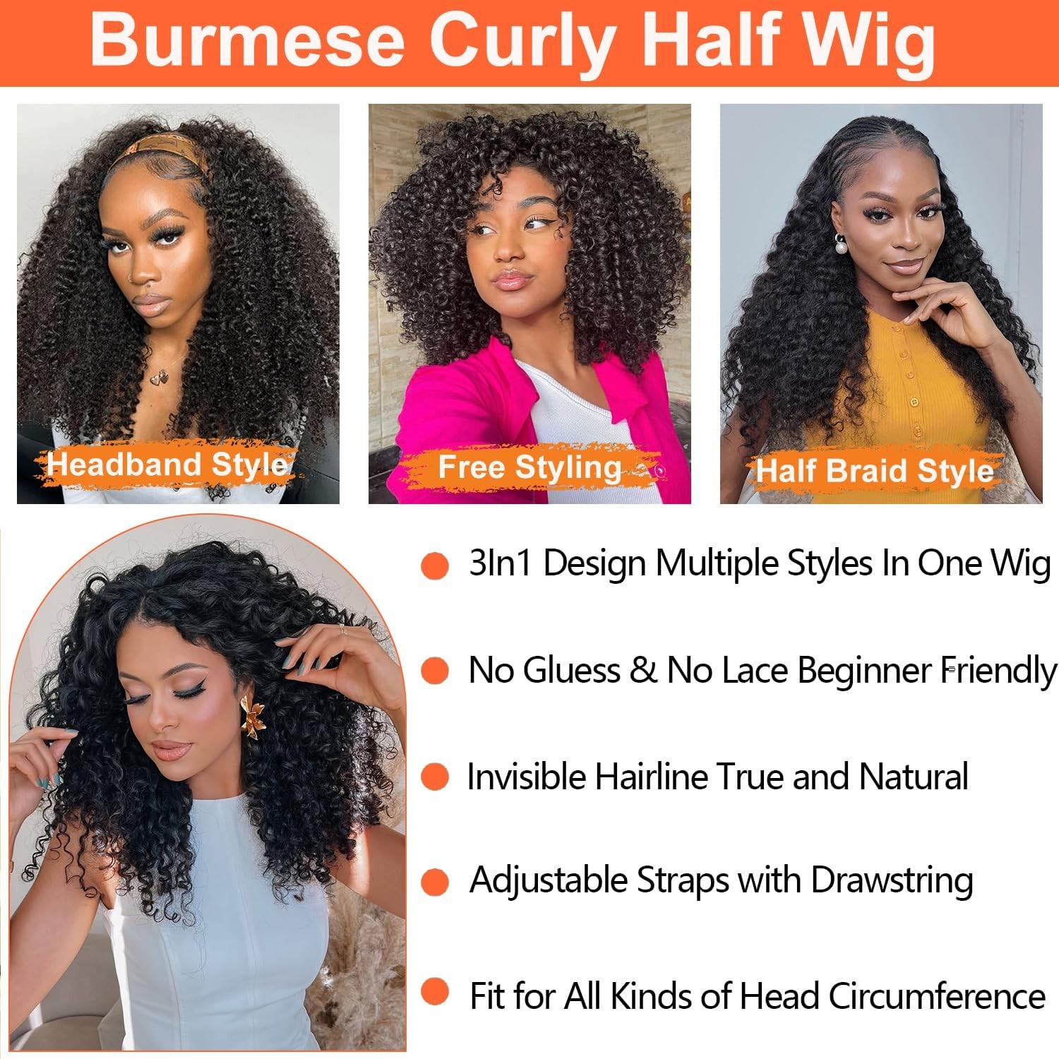 220% Density 18″ Burmese Curly Half Wig – 100% Human Hair, Glueless Clip-Ins, Ea