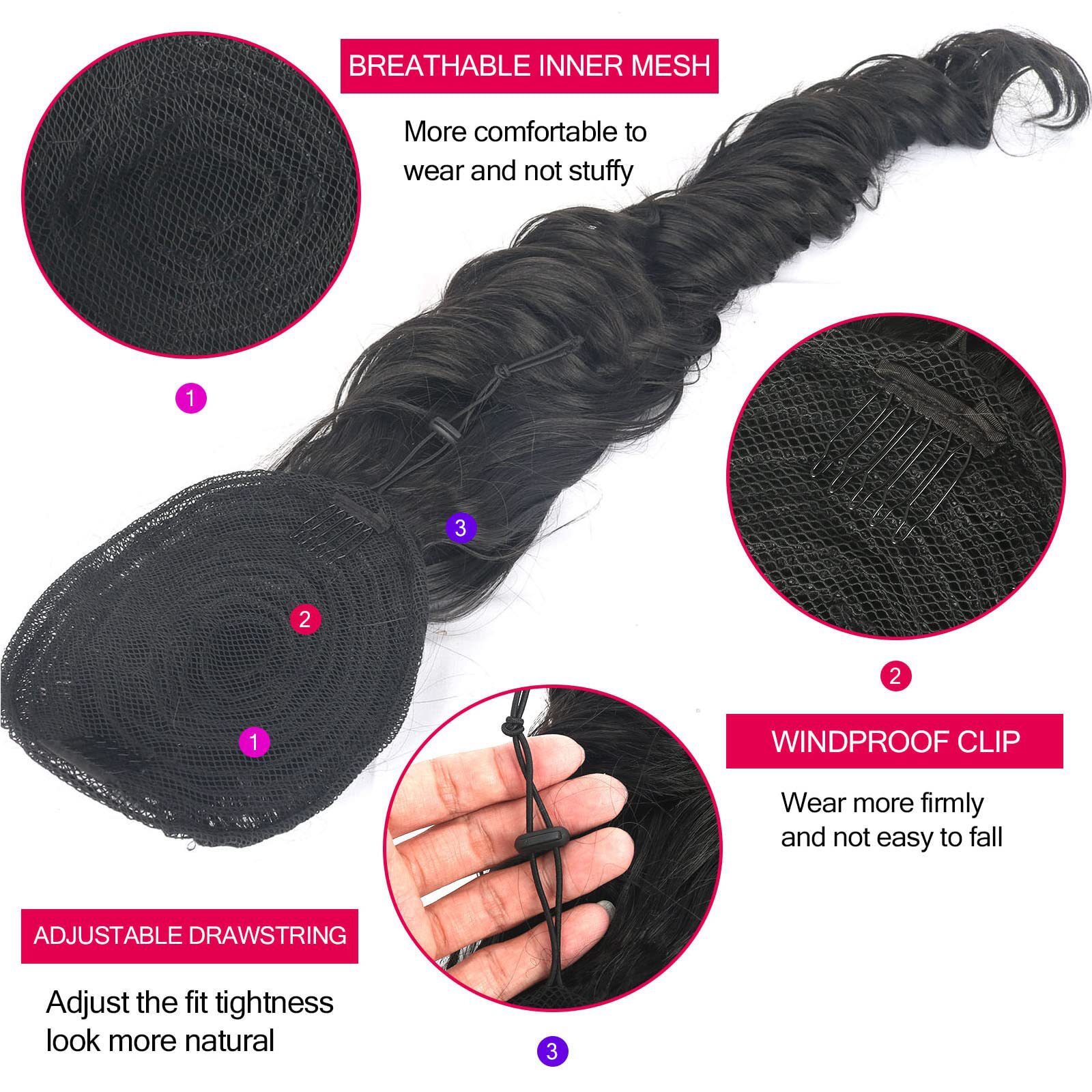 24 Inch Long Black Drawstring Ponytail Clip in Pony tail Extensions for Women