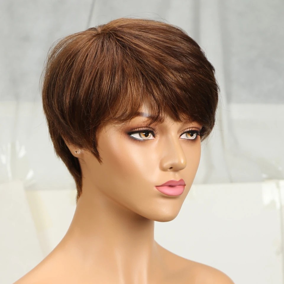 Pixie Short Cut Colored Straight Human Hair Wig Bangs Women Fashion Beauty Gift
