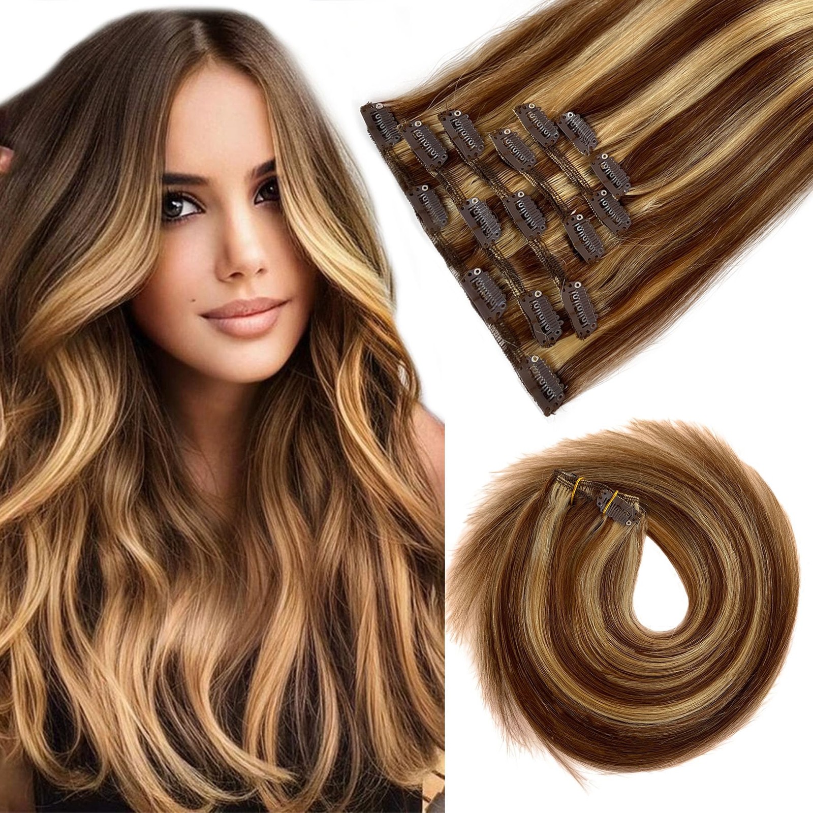 Blonlier Balayage Clip In Hair Extensions 70G Chocolate Brown Mixed Caramel