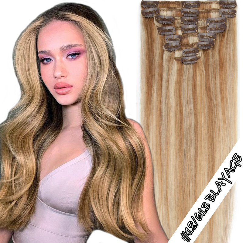 100% Real Remy Human Hair Extensions Clip In 8Pcs Full Head Grey OMBRE HIGHLIGHT