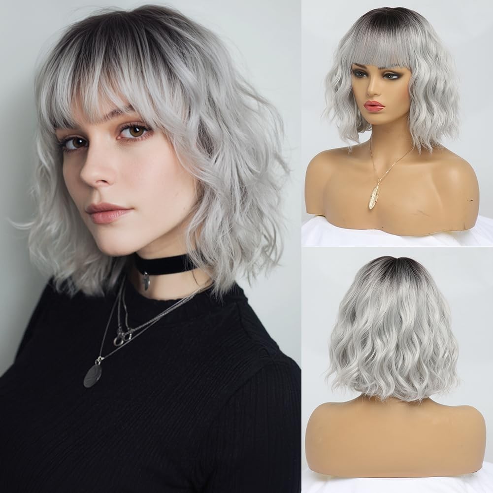 14″ Ombre Silver Grey Wavy Bob Wig for Women Daily Party 110E057391
