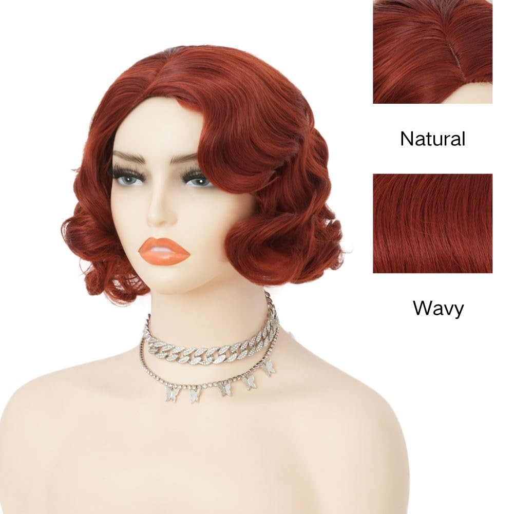 Short Red 1920s Style Synthetic Finger Wave Natural Looking Women’s Wig