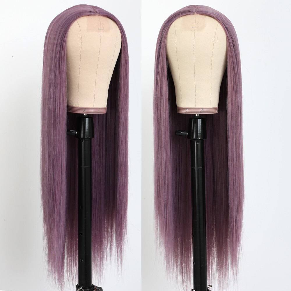Women Purple Lace Front Wigs Synthetic Hand Tied Long Straight Heat Resistant