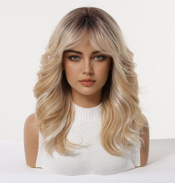 Long Wavy Rooted Blonde Highlight Mix Synthetic Fiber Heat Ok Wig Women Soft