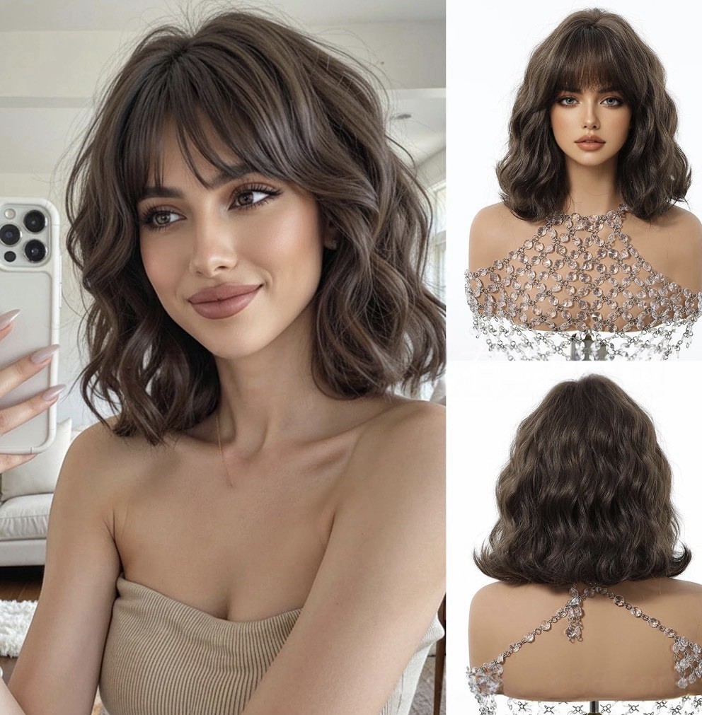 Short Wavy Bob Wig Mixed Brown Shoulder Length With Bangs Natural human hair